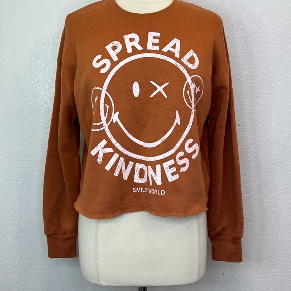 NWT Smiley World Spread Kindness Rust Ora Cropped Pullover Sweatshirt Size S - Picture 5 of 8